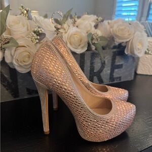 Gold and Pink Platform Stiletto Heels with Crystal Embellishments
